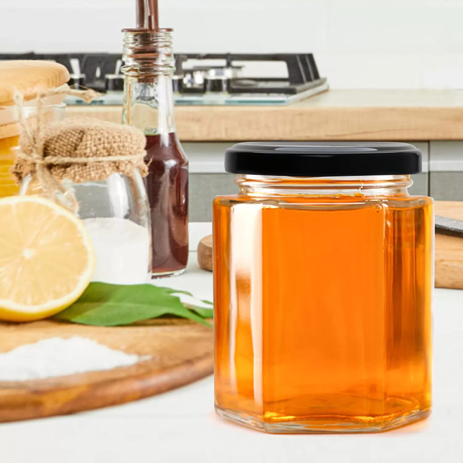 China 280ml 9oz Hexagonal Honey Jar with Metal Lid Factory & Wholesaler | Glint Featured Image