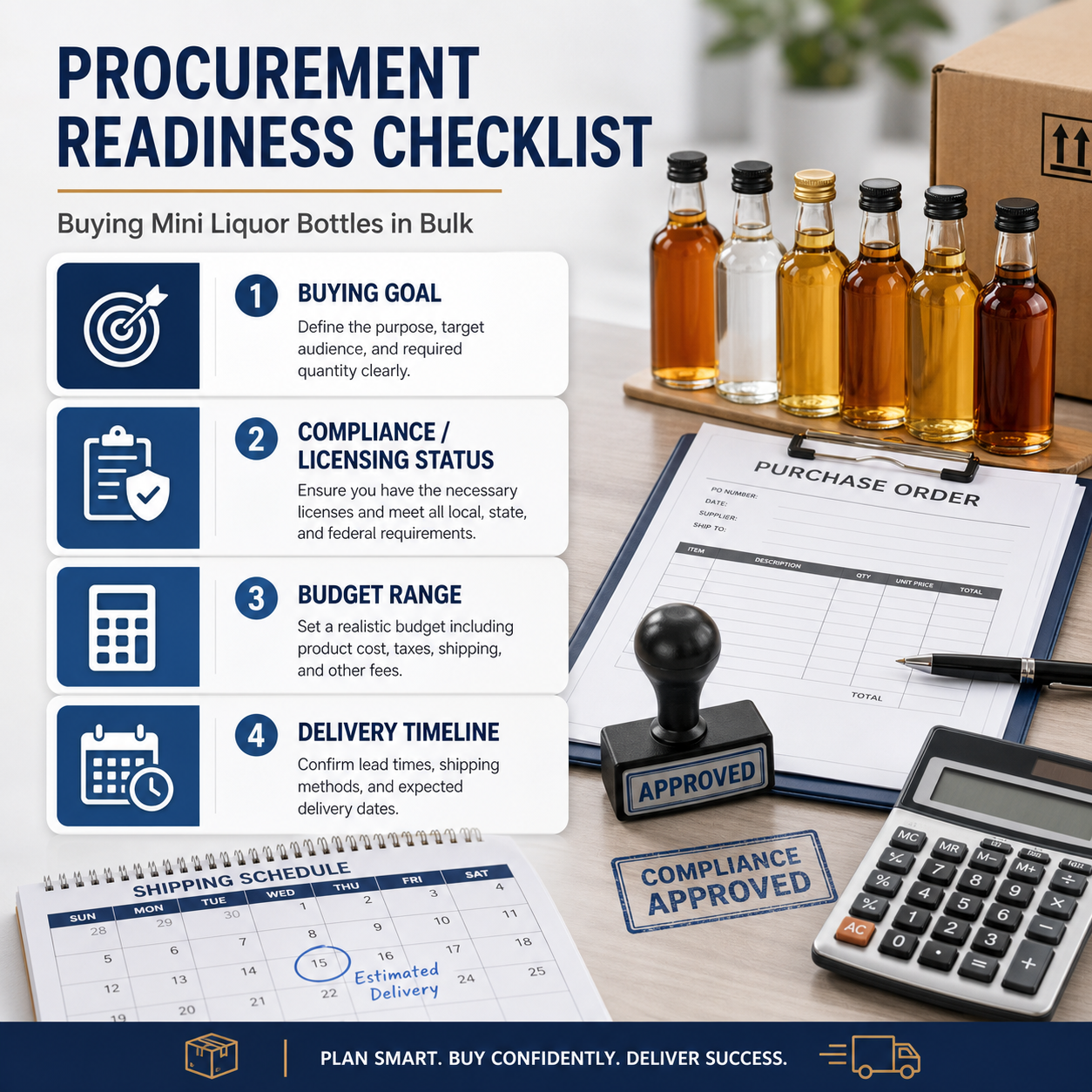 Bulk mini liquor bottles procurement checklist showing buying goal, compliance status, budget, and timeline prerequisites