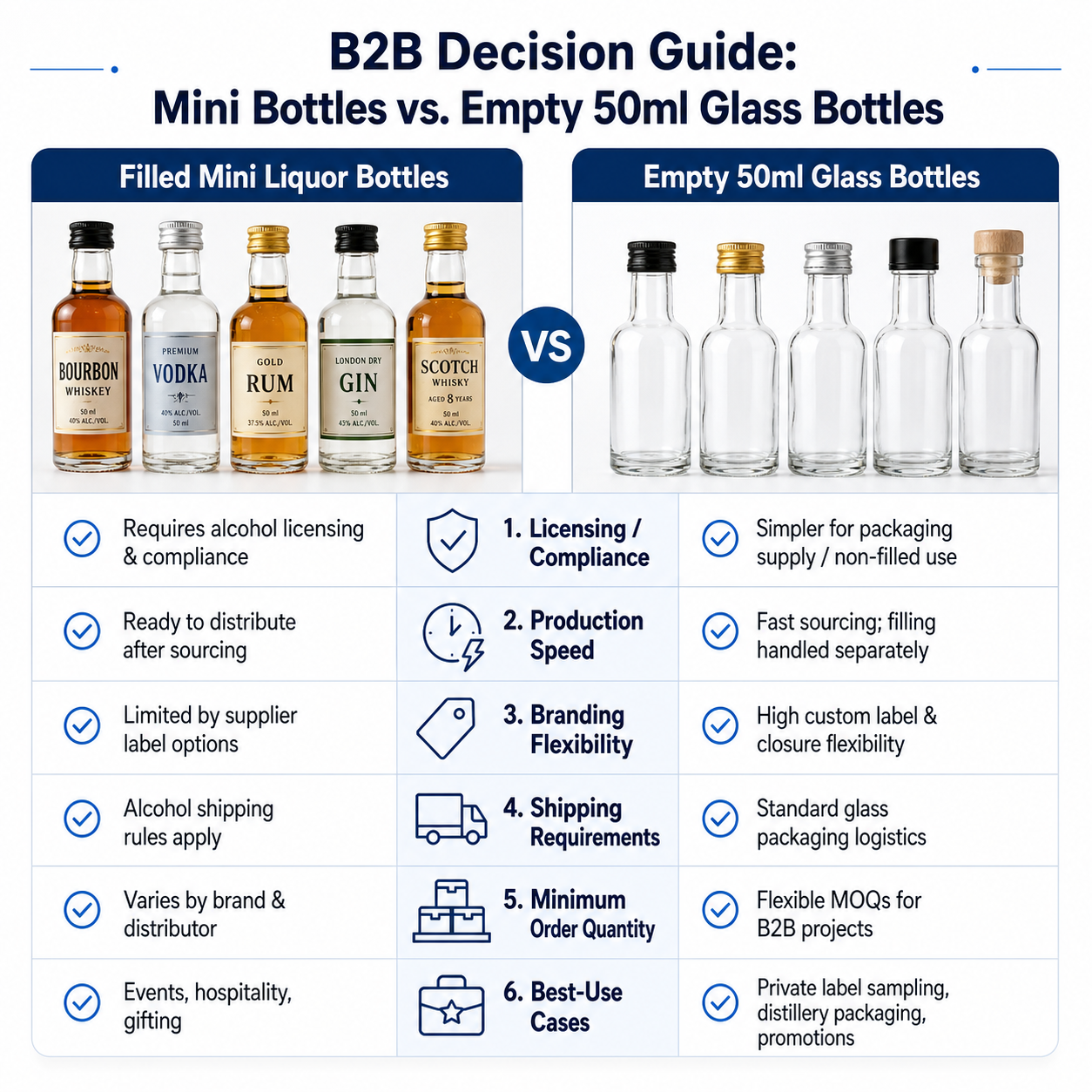 Comparison diagram for choosing filled mini liquor bottles bulk versus empty 50ml glass bottles for B2B purchasing