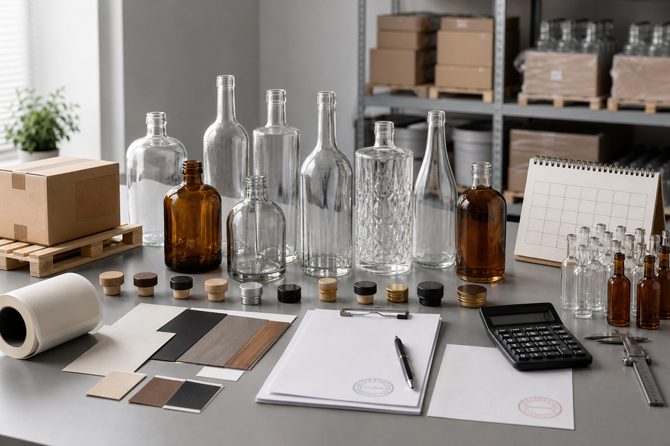 Wholesale buying checklist for glass liquor bottles showing bottle specifications, closures, MOQ, compliance, pricing, lead time, and logistics requirements