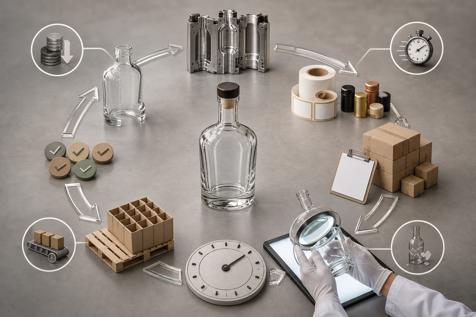 Advanced optimization diagram for Glass Liquor Bottles showing cost, quality, inventory, supplier, and logistics improvement levers