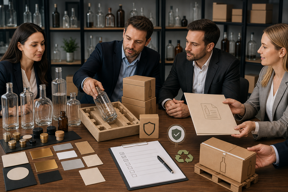 Process diagram for defining use case, buyer risk, and compliance requirements when sourcing glass liquor bottles