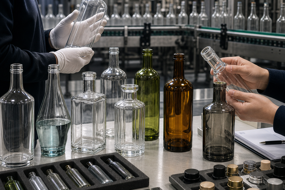 Process diagram for choosing glass liquor bottles by glass type, bottle color, and shape for B2B spirits packaging