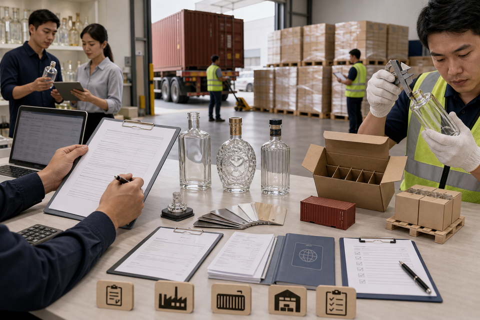 Process workflow for placing a purchase order, managing logistics, and inspecting incoming shipments of glass liquor bottles