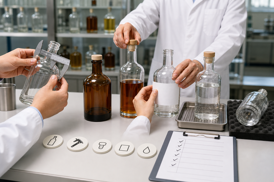 Sample testing process for glass liquor bottles before placing a bulk production order