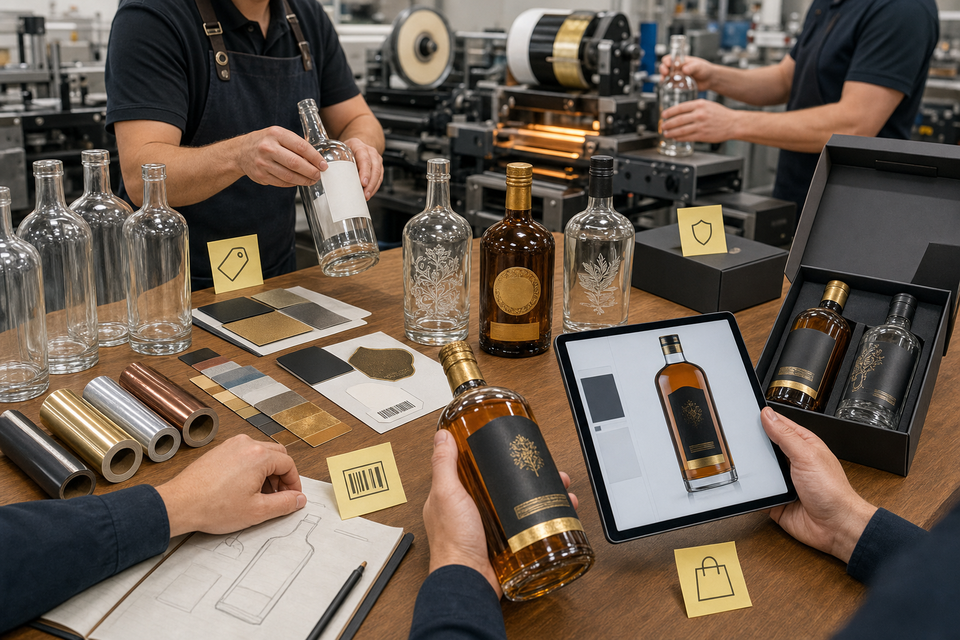 Process workflow for decorating, labeling, engraving, and personalizing glass liquor bottles for retail production