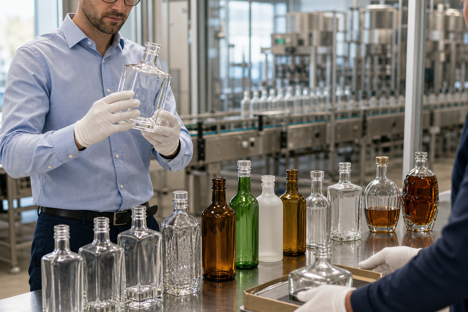 Process diagram for choosing glass type, color, and bottle shape for Glass Liquor Bottles