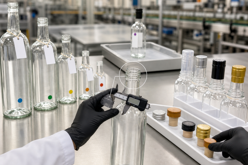 Process diagram for specifying glass liquor bottles by capacity, neck finish, closure type, and tamper-evident system