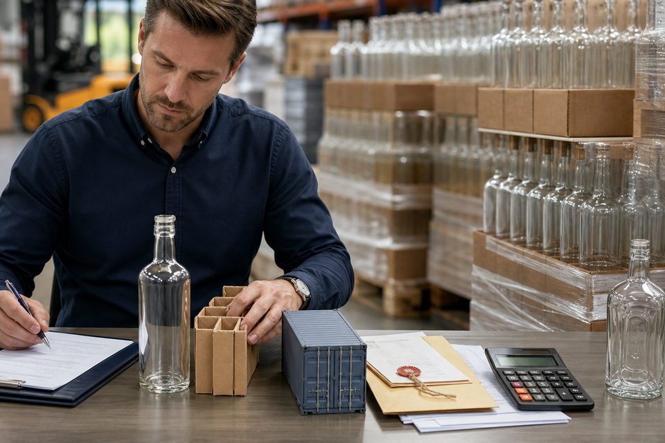 Landed cost calculation process for Glass Liquor Bottles including MOQ, freight, duties, lead time, and logistics risk