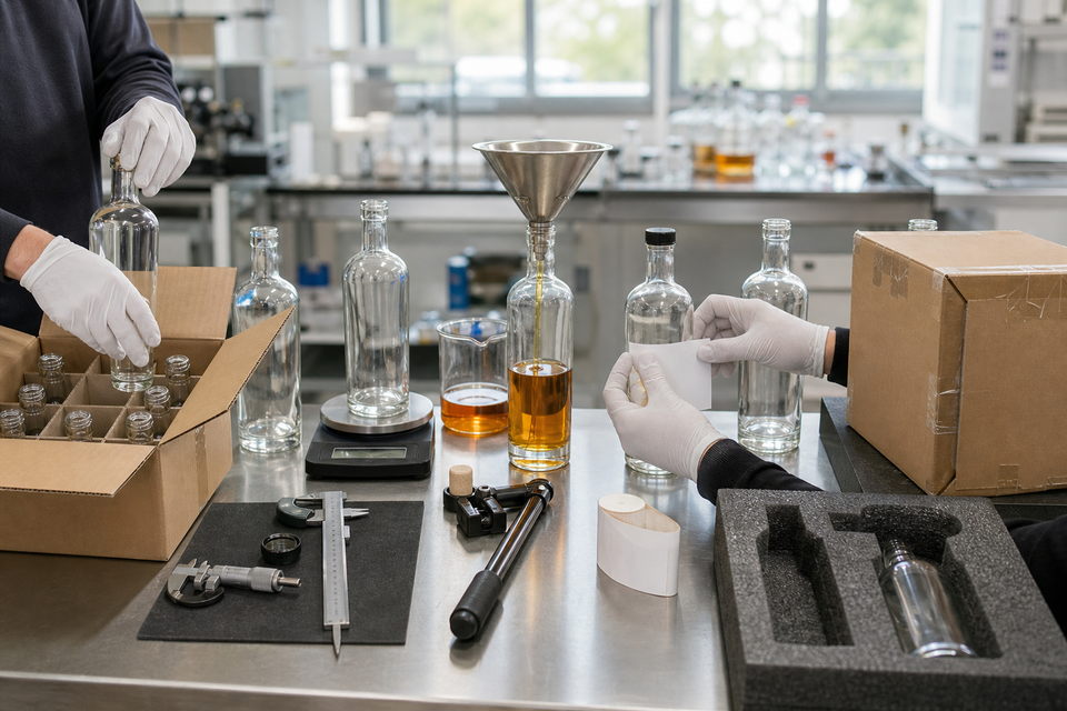 Workflow diagram showing how to order and test glass liquor bottles before committing to production