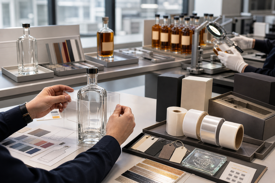 Process workflow for planning decoration, labeling, engraving, and retail personalization for Glass Liquor Bottles