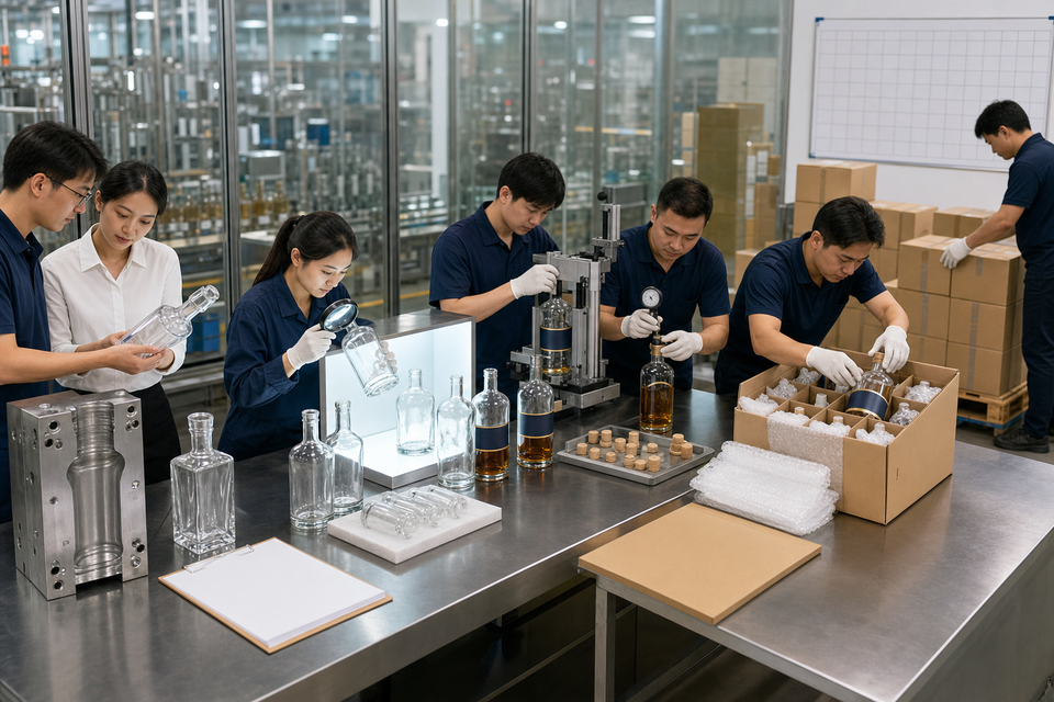 Process flowchart showing common Glass Liquor Bottles production challenges and solutions for B2B buyers