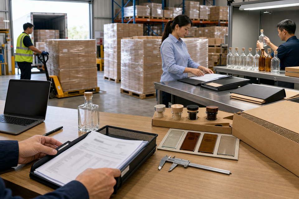 Process workflow for placing a purchase order, managing logistics, and inspecting incoming shipments of glass liquor bottles