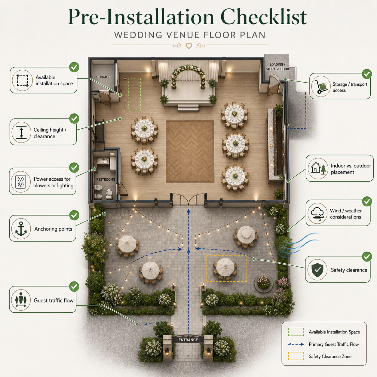 Wedding inflatable flower installation checklist showing venue space, power access, anchoring, clearance, and safety requirements