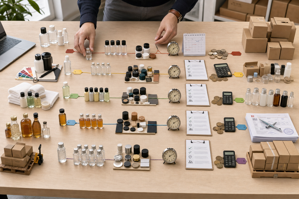 Decision flow diagram mapping mini bottles buyer types to the best sourcing channels for B2B purchasing