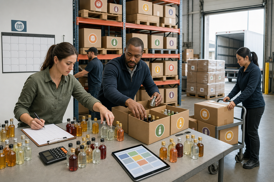 Mini bottles inventory planning workflow showing quantity forecasting, case mix planning, safety stock, and reorder frequency for B2B buyers