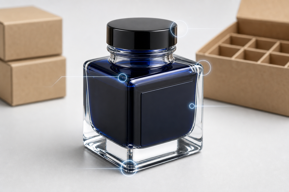 Square Glass Ink Bottle with annotated packaging features for industrial ink and stationery suppliers
