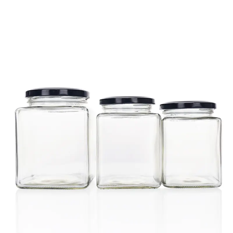 Square glass bottle with various specifications to choose from, and can be paired with different colored lids. 